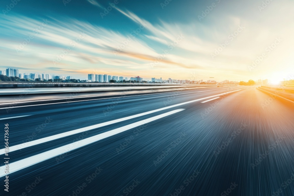 Naklejka premium A blurred highway road with a city background, captured in daylight
