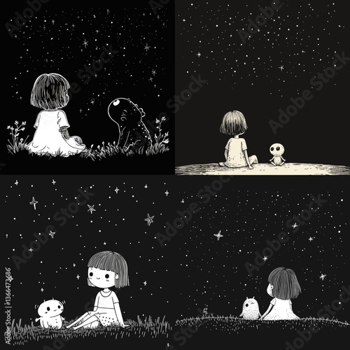 Set of cute monochrome illustrations of a girl sitting with animal friends under a starry night sky, perfect for children’s books, dreamy art, and emotional storytelling themes.

