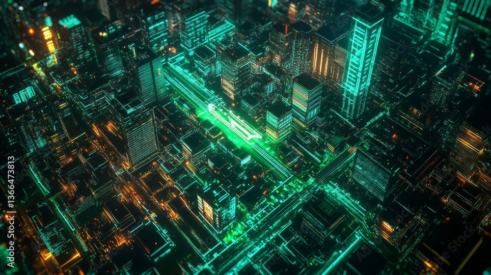Naklejka premium An AI powered system optimizing energy efficiency by analyzing smart grid usage, AI-assisted power distribution, and real-time carbon footprint reduction for a sustainable future