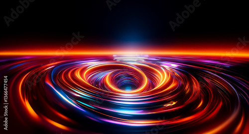 Vibrant streaks of light in swirling motion create an abstract vortex on a dark backdrop, with orange, red, and blue colors dominating the dynamic composition.