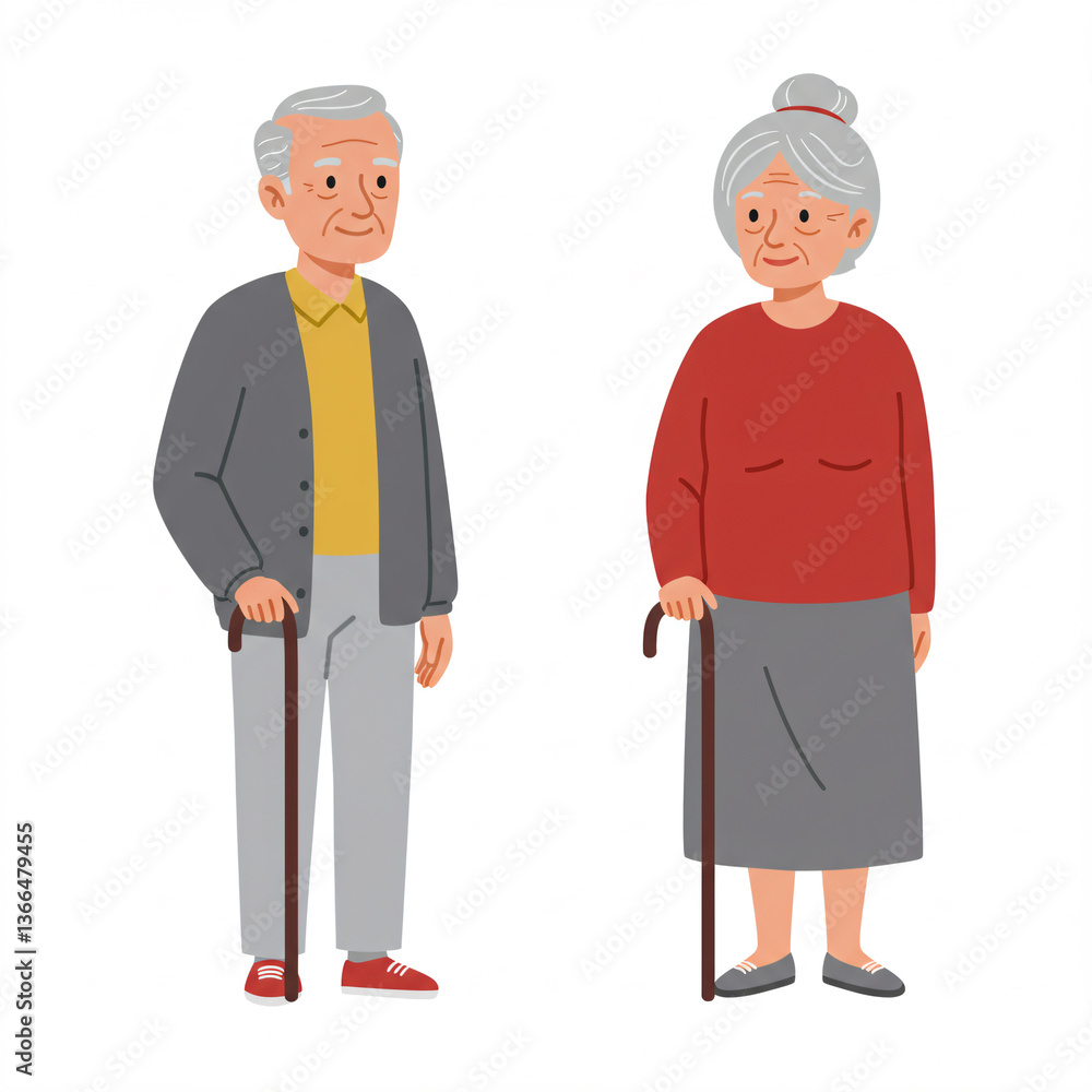 Illustration of an elderly couple holding canes. Illustration of an elderly couple holding canes.