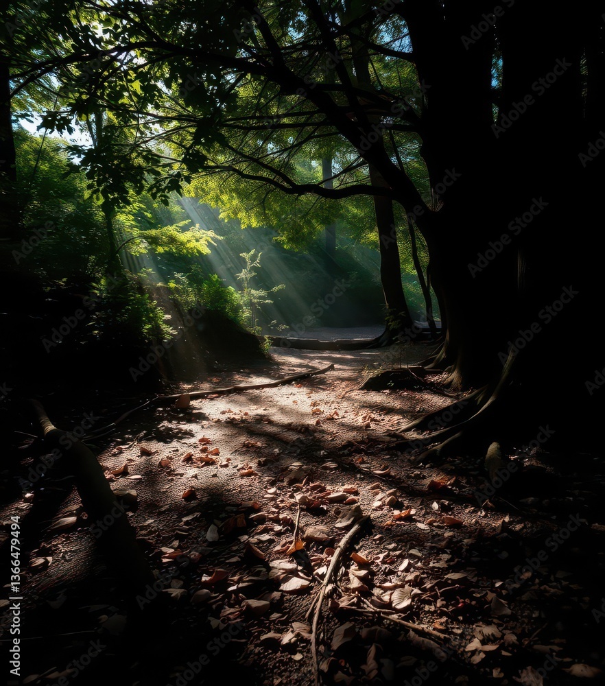 Obraz premium Deep shadows dappled sunlight on ancient woodland floor, photography, scenic