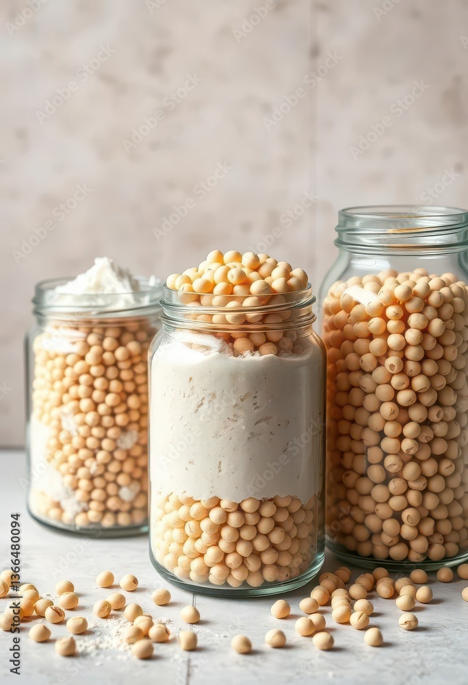 Glass jars of whole & refined soy flour, soybeans, kitchen, container Glass jars of whole & refined soy flour, soybeans, kitchen, container