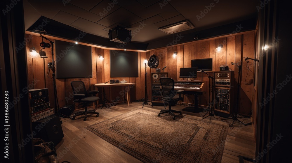 Fototapeta premium Cozy Recording Studio: A haven for creativity. Warm lighting, wooden walls, and professional equipment create the perfect atmosphere for music production.