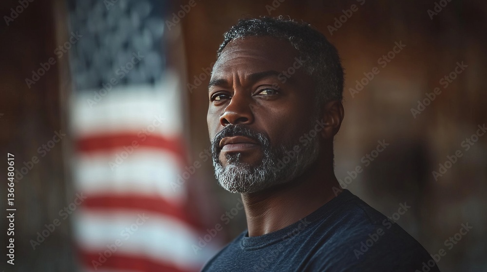 Reflective African American man with American flag, soft lighting, patriotic moment. Reflective African American man with American flag, soft lighting, patriotic moment.