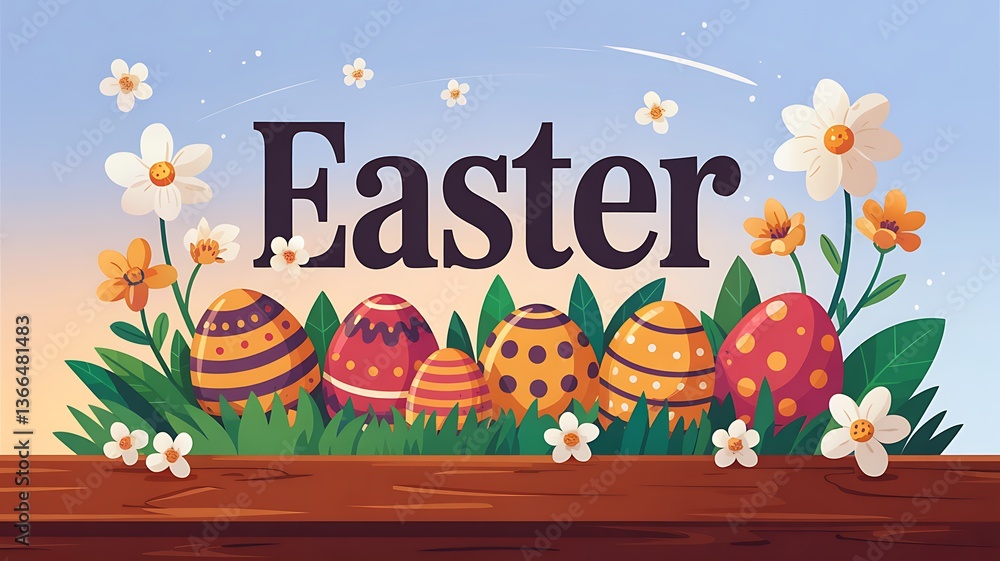 Naklejka premium Easter Celebration with Colorful Easter Eggs Blooming Spring Flowers and a Cheerful Bunny in a Festive Cartoon Illustration Symbolizing Easter Holiday Traditions and the Joyful Spirit of Springtime
