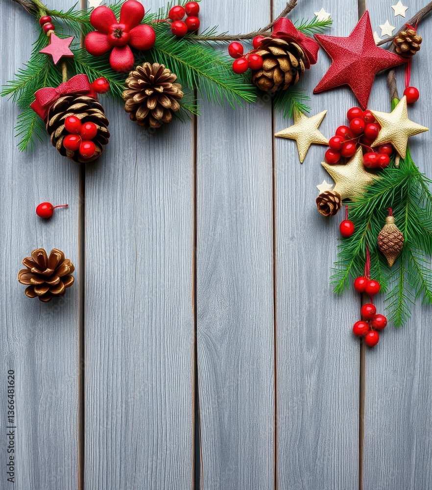 Rustic gray wood background, Christmas decorations, pine cones, berries, stars, textured background, decoration, natural elements Rustic gray wood background, Christmas decorations, pine cones, berries, stars, textured background, decoration, natural elements