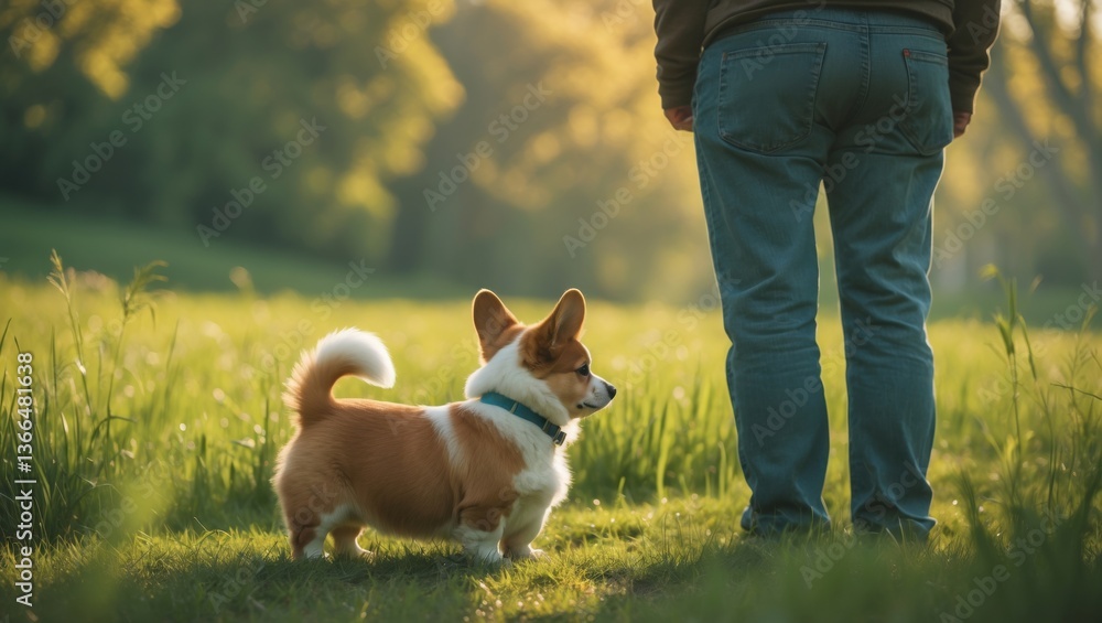 Corgi Looking Up at Owner During Peaceful Walk in Nature Corgi Looking Up at Owner During Peaceful Walk in Nature