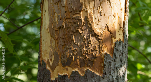 Extensive emerald ash borer damage to an ash tree trunk displaying larval galleries