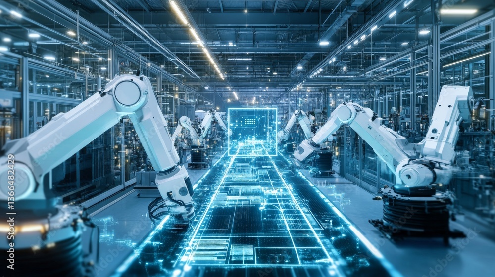 Fototapeta premium An AI powered system optimizing manufacturing by analyzing production line data, worker efficiency, and quality control metrics to streamline processes and reduce errors