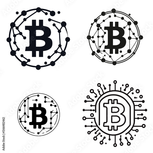 Illustrations of Bitcoin logos with a network and digital connections, representing cryptocurrency, blockchain technology, and digital finance.
