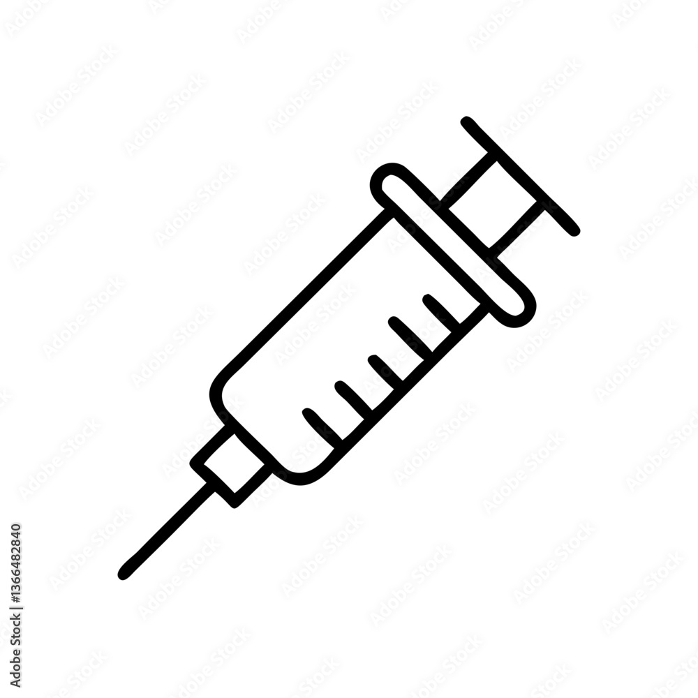 A simple line drawing of a syringe representing healthcare, vaccination, or medical treatment with bold black lines on a white background. A simple line drawing of a syringe representing healthcare, vaccination, or medical treatment with bold black lines on a white background.