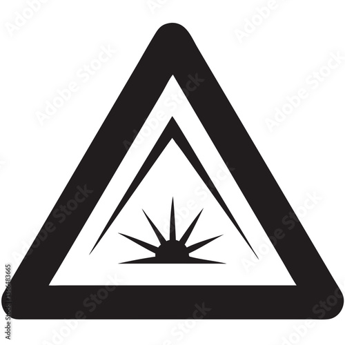 A bold triangular warning sign conveying urgent caution, featuring a radiant sunburst at its core, signifying potential hazard or intense energy.