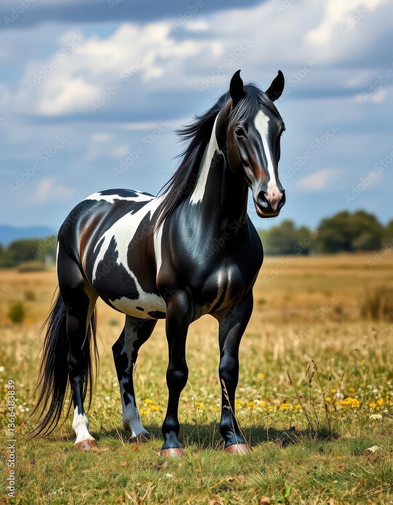 Obraz premium A majestic black and white horse stands in a field, outdoors, light