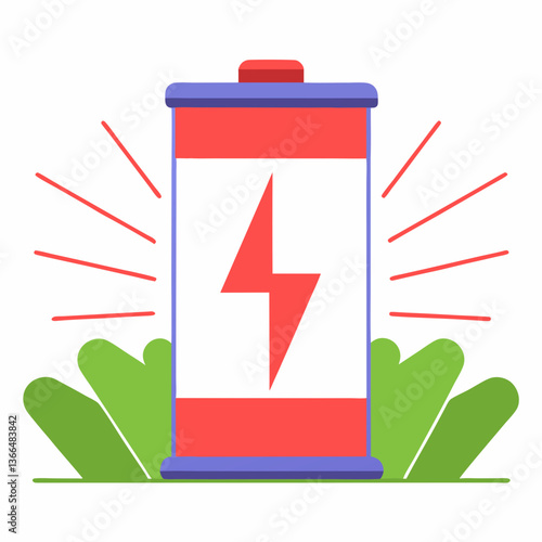 A powerful energy cell pulsating with vibrant red energy, surrounded by lush green foliage, showcasing its potent charge in a minimalist flat design.