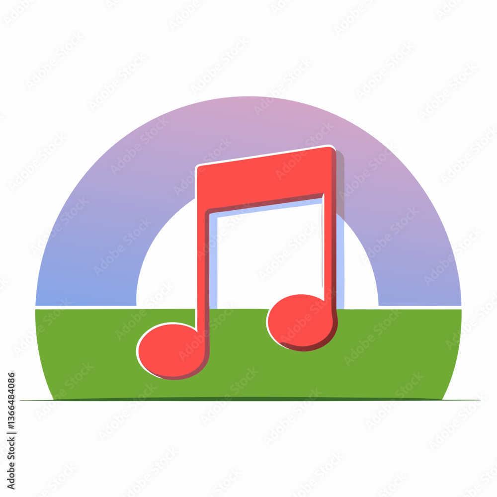 A vibrant red musical note rests serenely on a green field under a soft purple and blue sunset sky. A vibrant red musical note rests serenely on a green field under a soft purple and blue sunset sky.