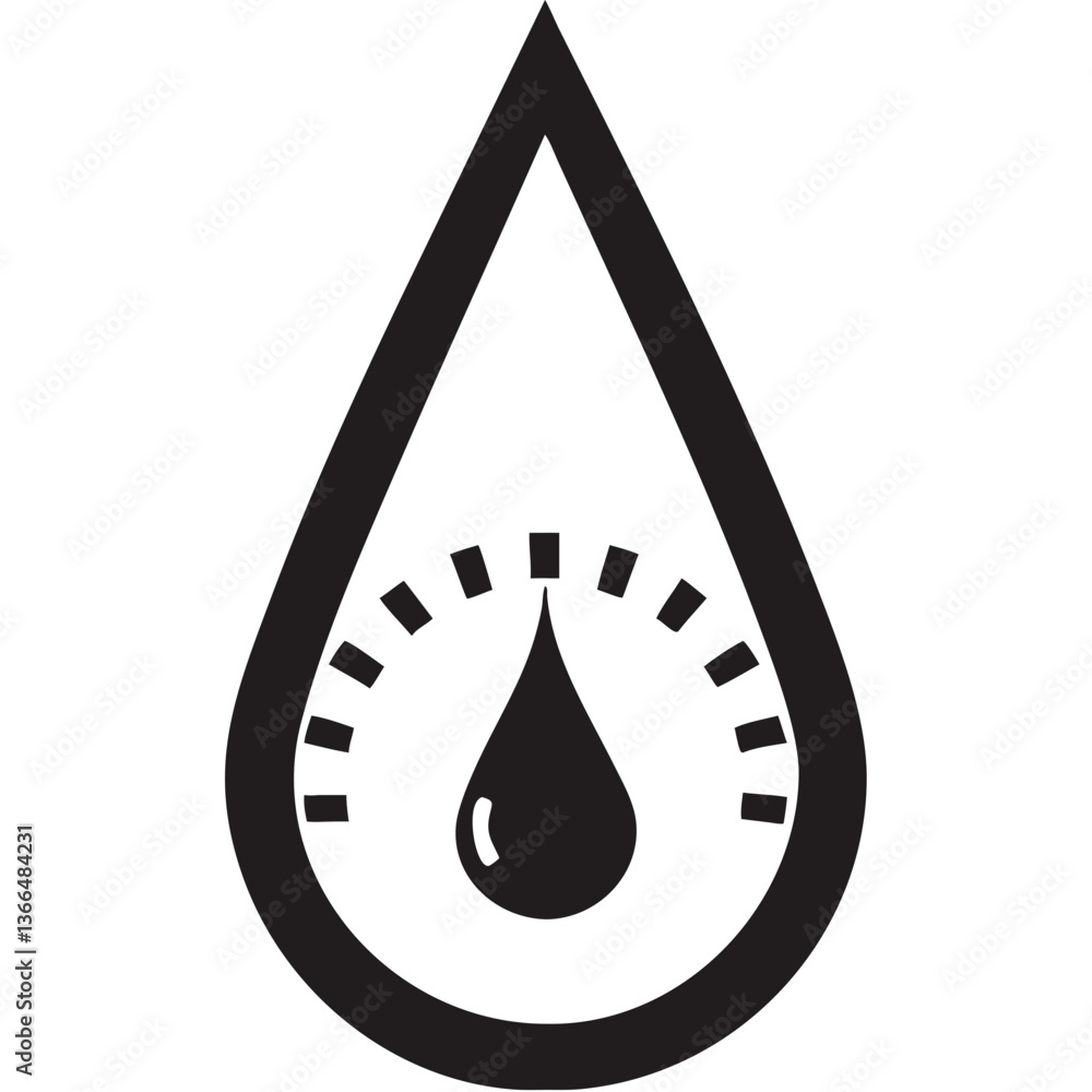 Monitoring the precious resource, a vital drop within a gauge symbolizing careful measurement and sustainable use, in stark black and white. Monitoring the precious resource, a vital drop within a gauge symbolizing careful measurement and sustainable use, in stark black and white.