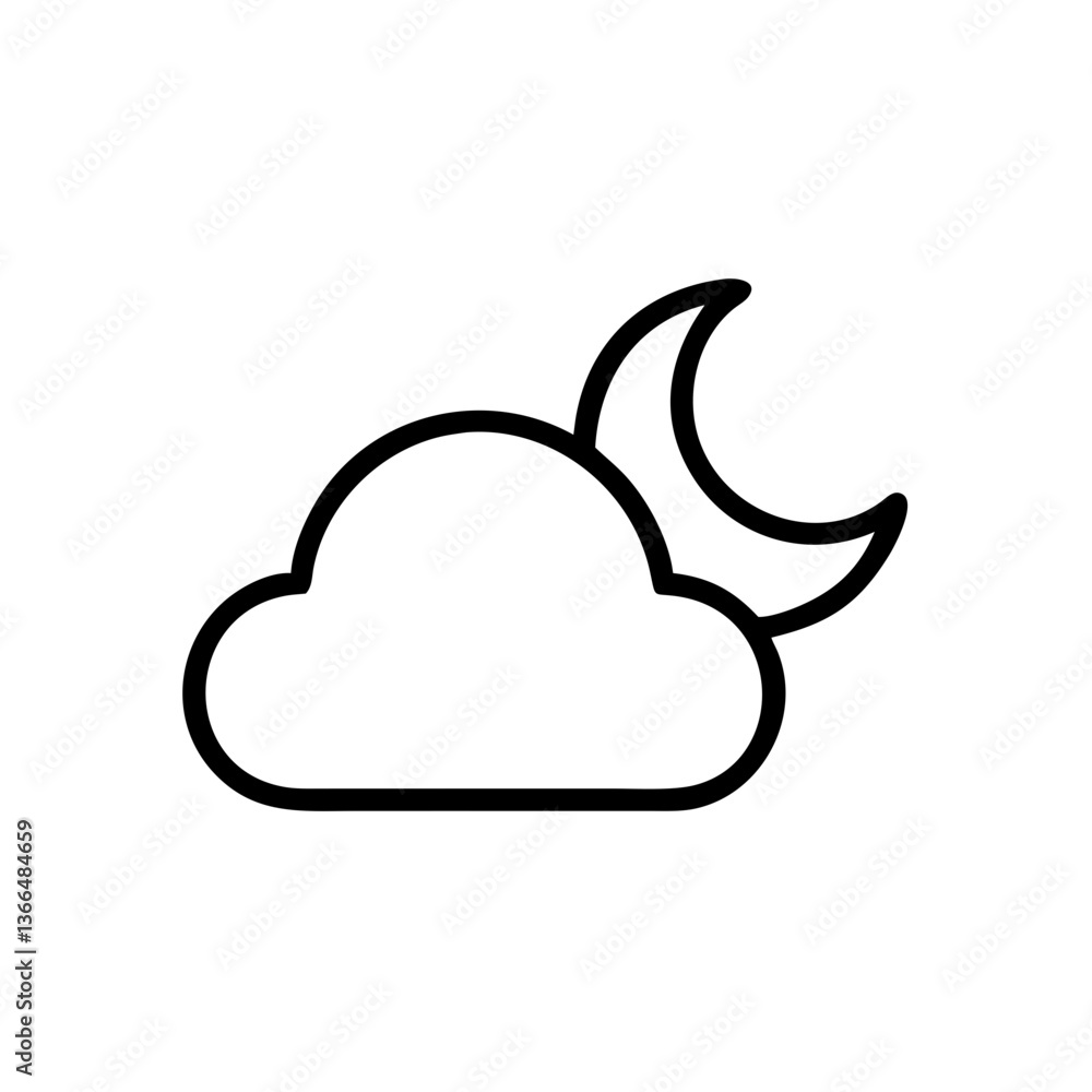 A peaceful night scene depicted with a crescent moon nestled gently behind a fluffy cloud in a simple, bold line art style. A peaceful night scene depicted with a crescent moon nestled gently behind a fluffy cloud in a simple, bold line art style.