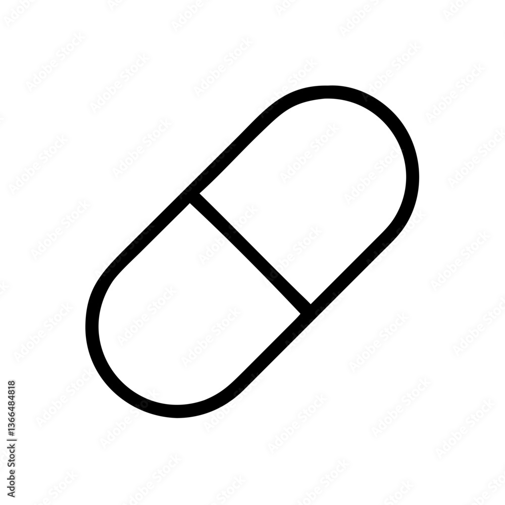 A simple capsule representing medicine, healthcare, or a quick solution, depicted with bold black lines against a stark white background. A simple capsule representing medicine, healthcare, or a quick solution, depicted with bold black lines against a stark white background.