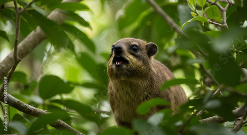 Tree hyrax calling out from lush green canopy in its natural habitat