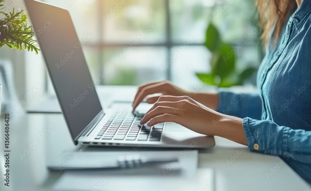Fototapeta premium Businesswoman typing on laptop in modern office with plants