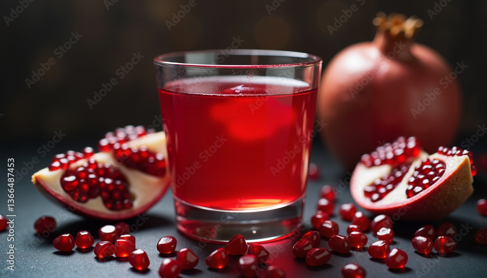 Artistic close-up of vibrant red pomegranate juice in a clear glass with scattered seeds and sliced fruit, softly lit against a dark moody background for a rich elegant presentation Artistic close-up of vibrant red pomegranate juice in a clear glass with scattered seeds and sliced fruit, softly lit against a dark moody background for a rich elegant presentation