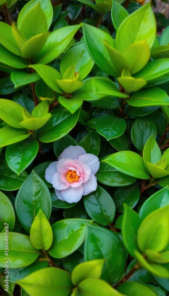 Obraz premium A single, pale pink camellia flower nestled amongst vibrant green foliage, pure, outdoor, tea plant