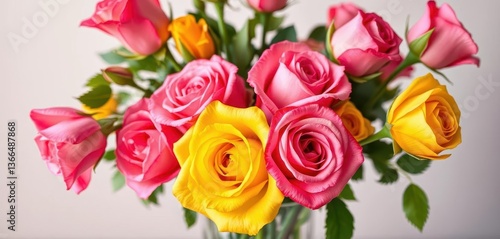 A vibrant bouquet of pink and yellow roses in a clear glass vase, pretty, anniversary