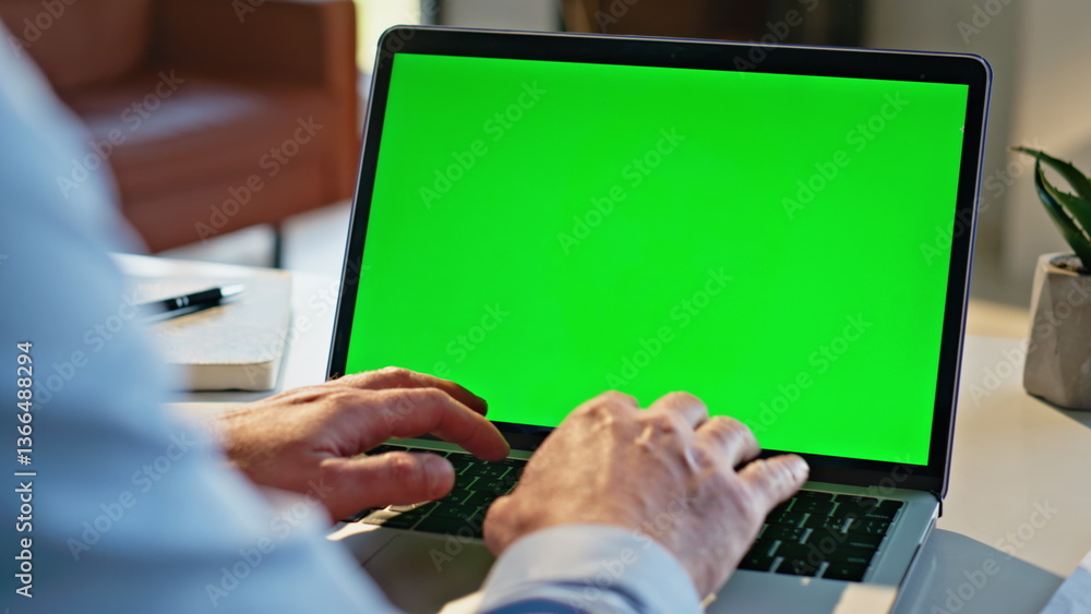Man hands typing greenscreen laptop apartment closeup. Remote manager working
