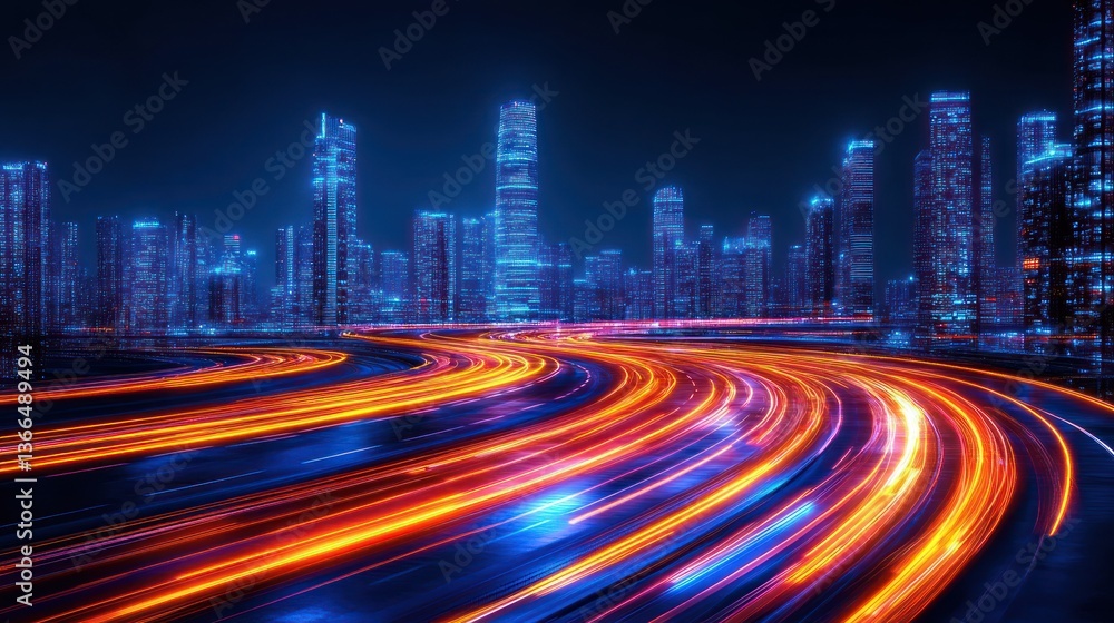 Fototapeta premium Futuristic City Nightscape: Dynamic Light Trails and Urban Skyline