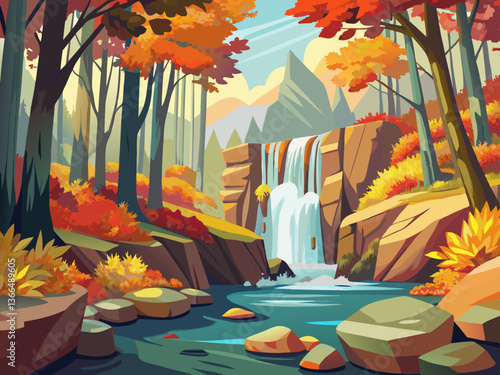 vector of Small waterfall on autumn day in forest