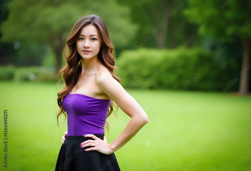 A woman wearing a purple top and black skirt standing in an open field A woman wearing a purple top and black skirt standing in an open field