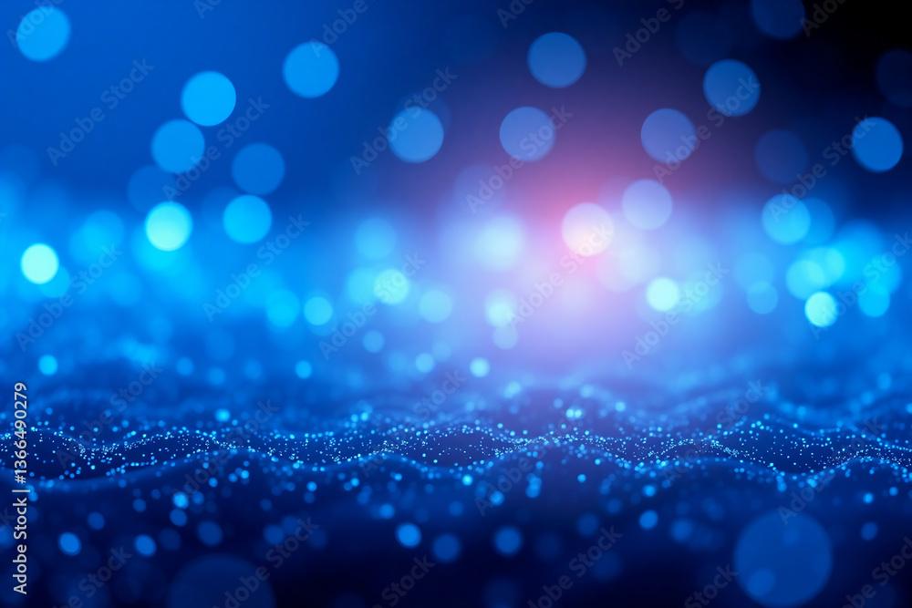 Fototapeta premium Abstract blue backdrop featuring bokeh lights and a wavy surface of dots. Central illumination creates a luminous and ethereal glow.