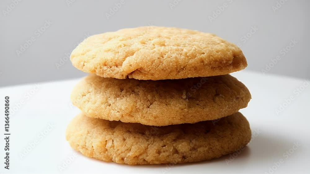 Three Stacked Light Brown Sugar Cookies on White Plate Against Gray Background: High-Quality Video Footage Ideal for Food Three Stacked Light Brown Sugar Cookies on White Plate Against Gray Background: High-Quality Video Footage Ideal for Food