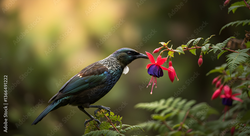 Obraz premium Tui bird gracefully drinks nectar from vibrant Fuchsia flower in New Zealand