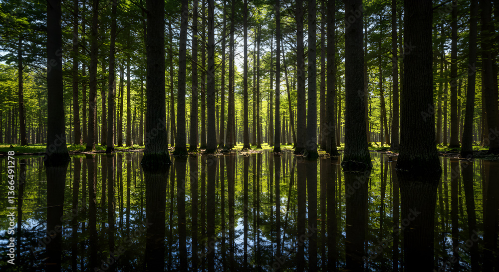 Reflections in Still Waters: A Tranquil Forest Scene of Tall Trees Reflections in Still Waters: A Tranquil Forest Scene of Tall Trees