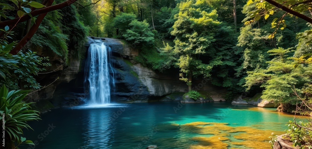 Naklejka premium Secret waterfall plunges into pristine pool, lush forest surrounds, mossy rocks, forest stream