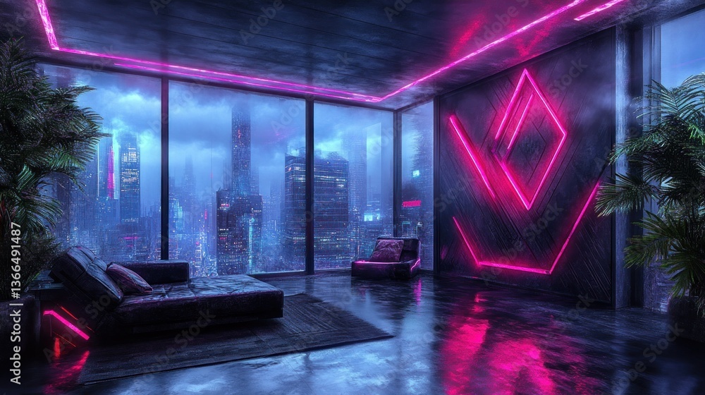 Fototapeta premium Neon Cityscape Penthouse: Futuristic Night View