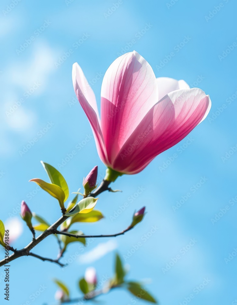 Fototapeta premium Single pink magnolia blossom adrift in a dreamy blue sky abstract, soft, magnolia