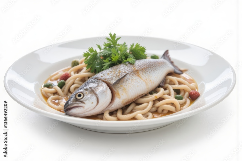 Cooked Fish on Noodles Plate: Seafood Dish, Restaurant Meal, Food Photography Cooked Fish on Noodles Plate: Seafood Dish, Restaurant Meal, Food Photography