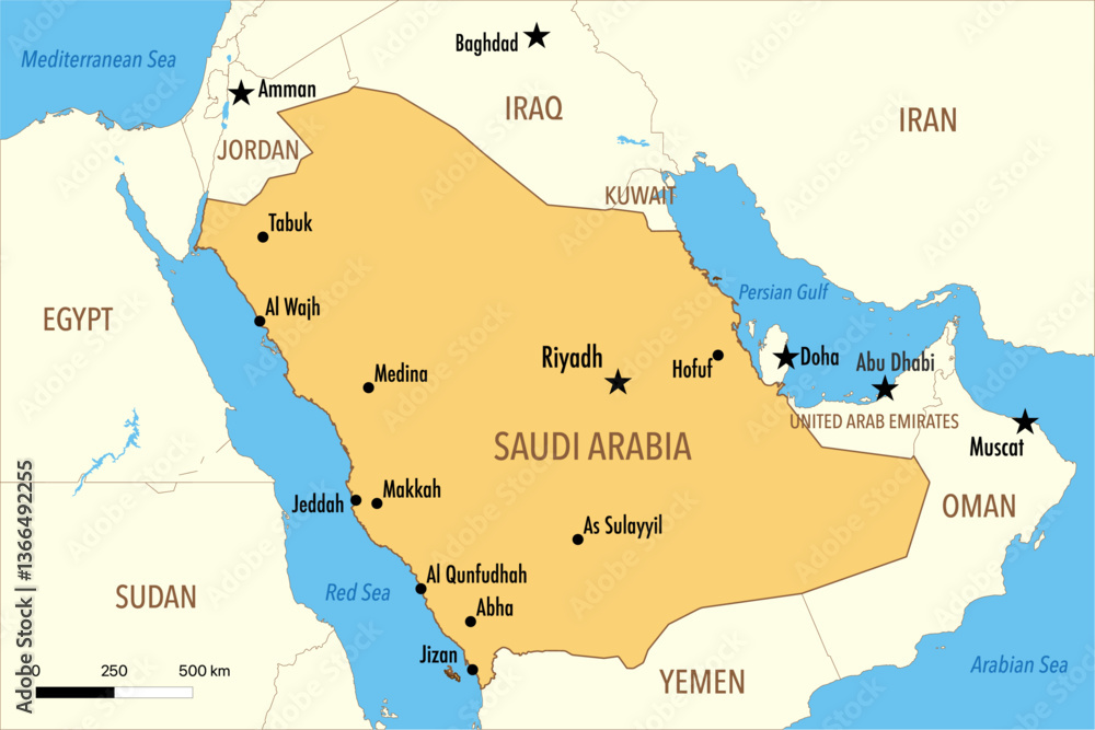 Fototapeta premium Vector Map of Saudi Arabia with Major Cities and Neighboring Countries – Editable Infographic