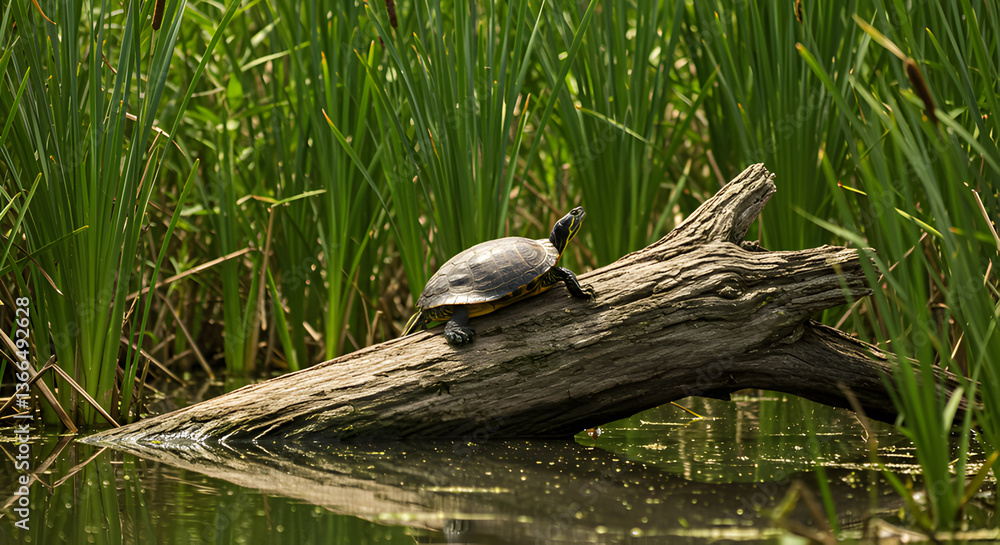 Obraz premium Turtle basking on a log in a tranquil marsh environment surrounded by reeds