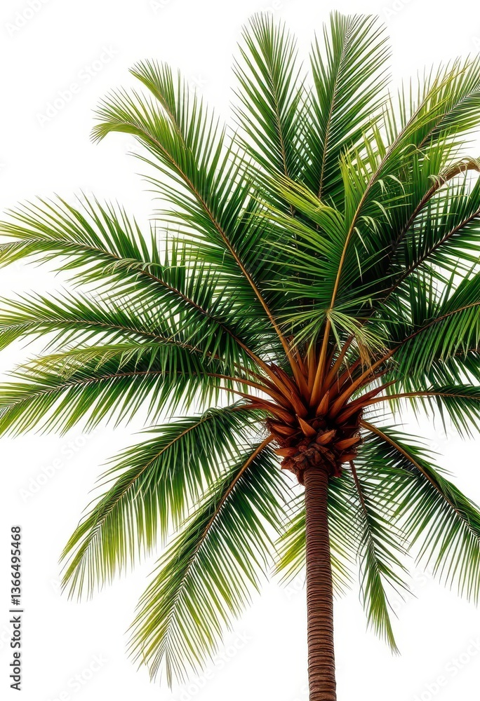 Fototapeta premium Single majestic palm tree, lush green fronds, against pure white backdrop, holiday, isolated, background