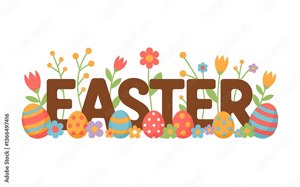 Fototapeta premium Easter Celebration with Colorful Easter Eggs Blooming Spring Flowers and a Cheerful Bunny in a Festive Cartoon Illustration Symbolizing Easter Holiday Traditions and the Joyful Spirit of Springtime