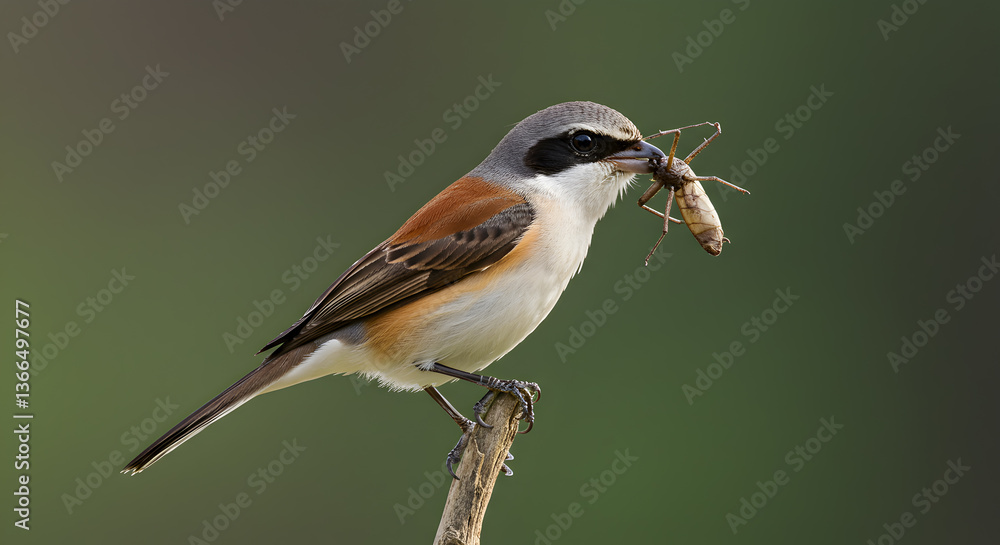 Obraz premium Tiger Shrike Impaling Insect on Thorn, A Display of Predatory Behavior