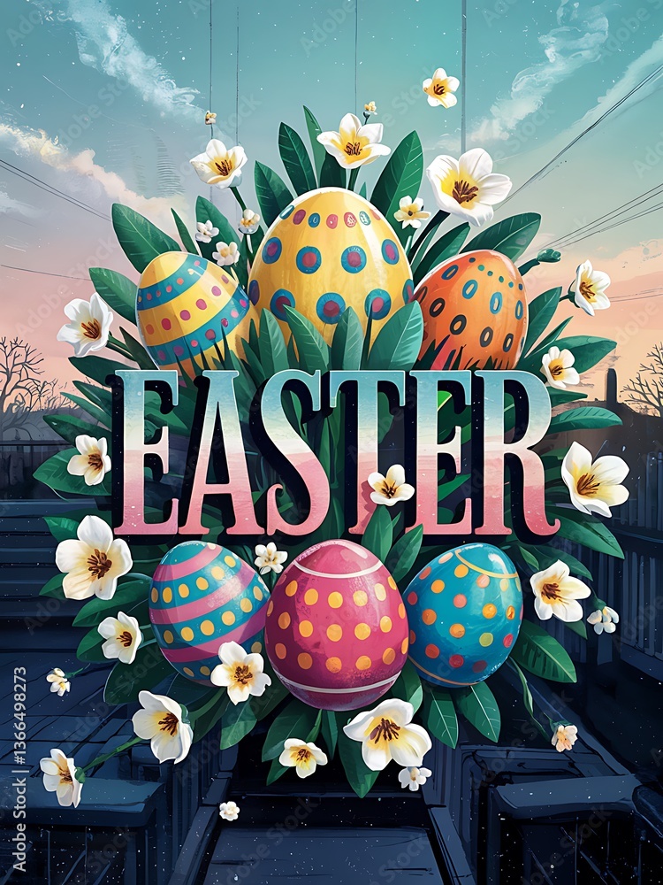 Obraz premium Easter Celebration with Colorful Easter Eggs Blooming Spring Flowers and a Cheerful Bunny in a Festive Cartoon Illustration Symbolizing Easter Holiday Traditions and the Joyful Spirit of Springtime