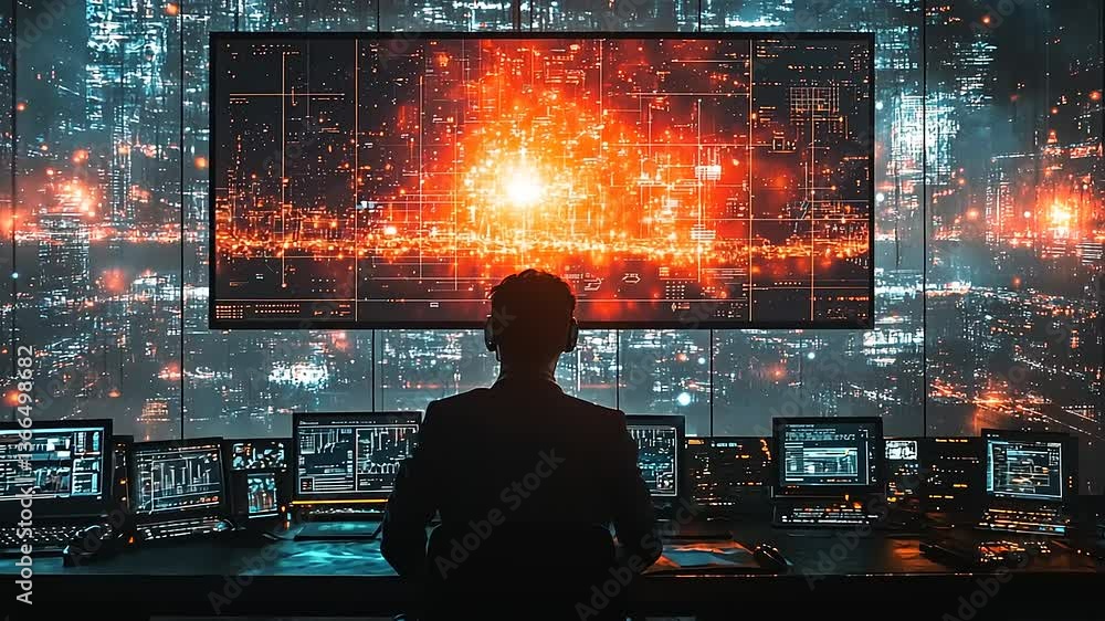 A focused individual in a high-tech control room, analyzing data on multiple screens amidst vibrant visuals A focused individual in a high-tech control room, analyzing data on multiple screens amidst vibrant visuals