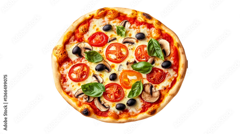 Delicious Italian pizza with tomatoes and basil on black, cut out transparent Delicious Italian pizza with tomatoes and basil on black, cut out transparent