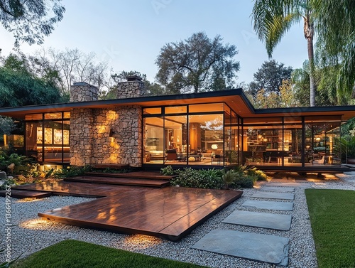  Mid-century modern home with low-pitched roof, wide windows, wood and stone exterior, retro carport, palm landscaping, Southern California vibes, open courtyard