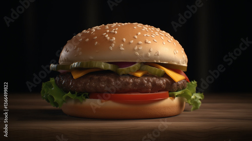 Delicious Gourmet Burger with Fresh Vegetables, Melted Cheese, and Soft Bun, Ultra-Realistic, High-Definition, 8K Resolution, Perfect Lighting, White Background